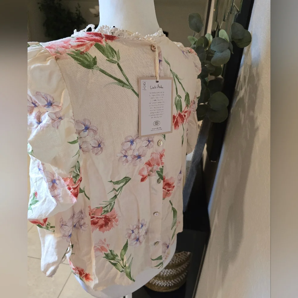 Laura Ashley Floral Blouse - Cream with Red and Green - Picture 4 of 10